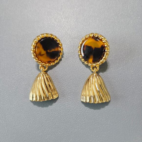 Anthropologie Frasier Sterling Belle Drop Tassel Earrings In Tortoise 14K Plated - Picture 3 of 5